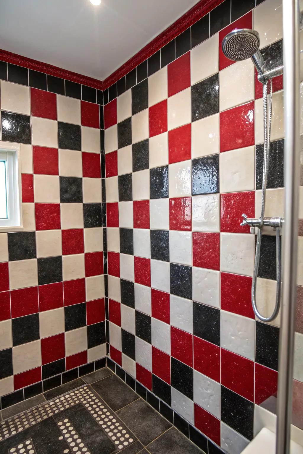 Checkerboard patterns blend classic charm with modern design in showers.