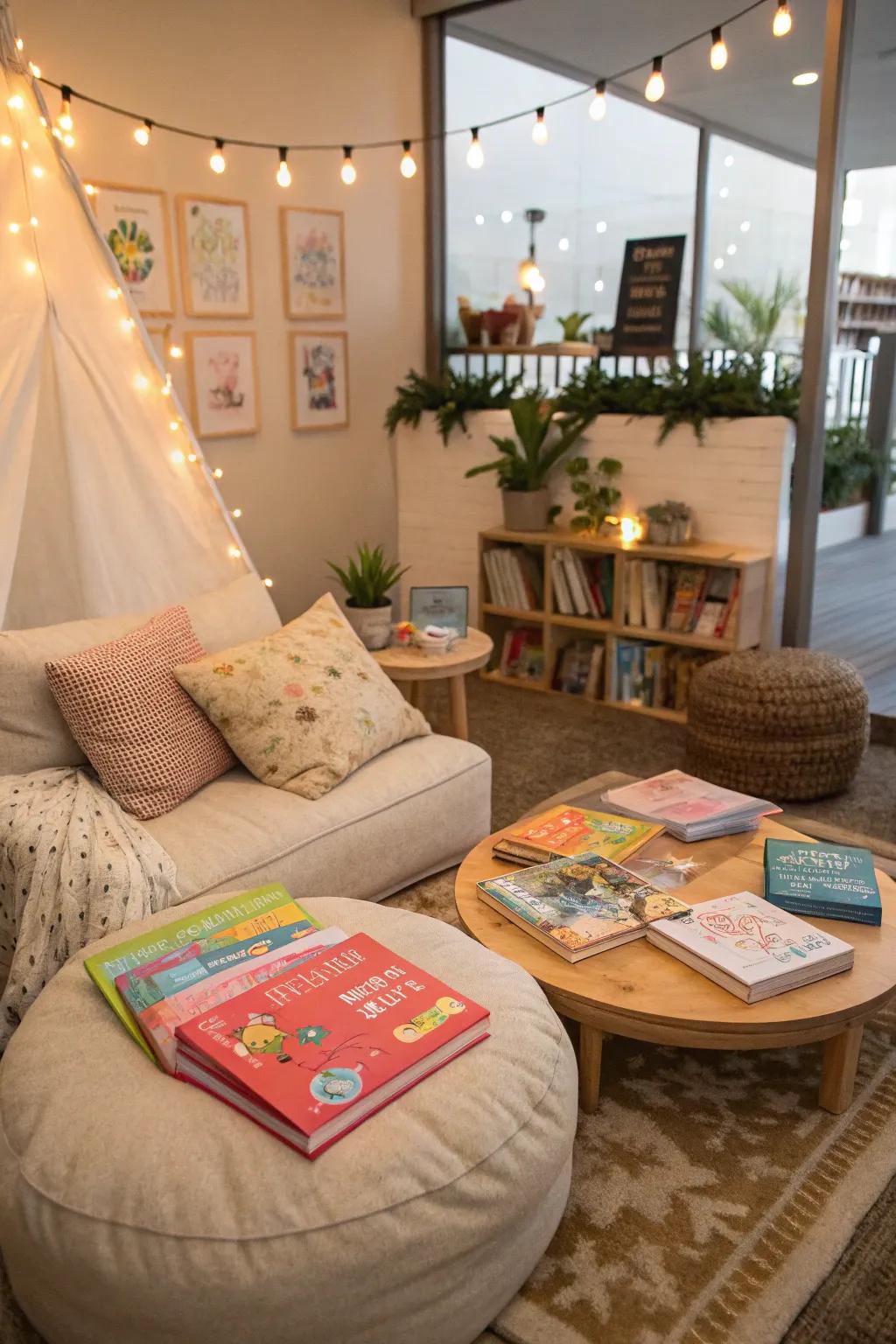 A storytime nook beckons kids to delve into the wonders of their cherished tales.