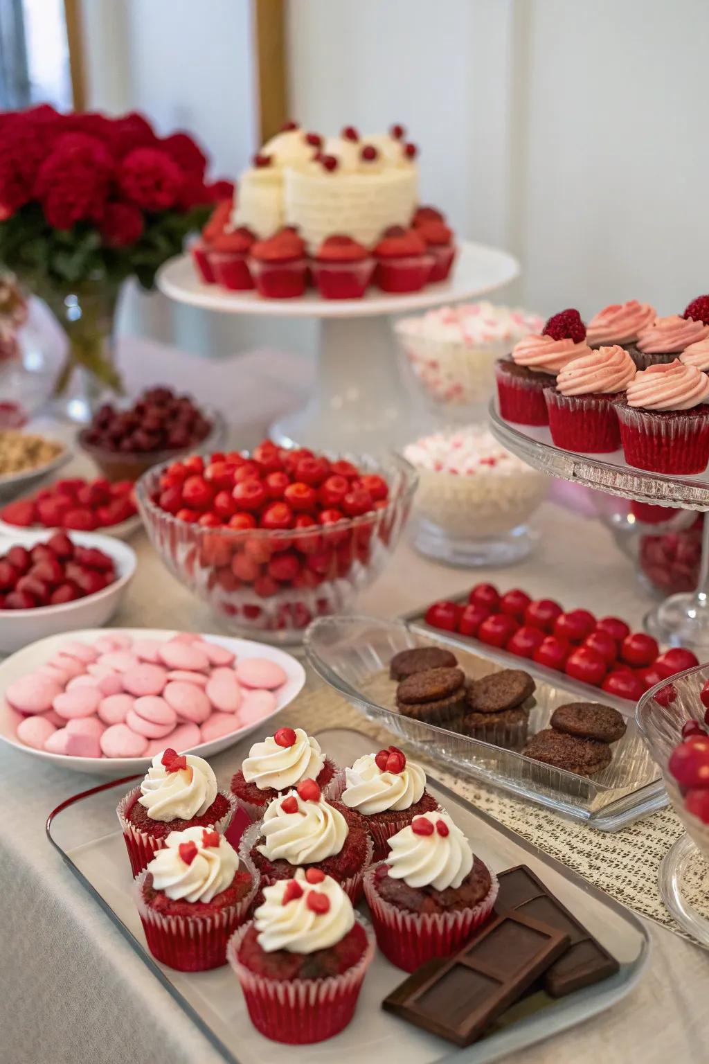 A dessert table that engages the senses with ruby-themed delights.