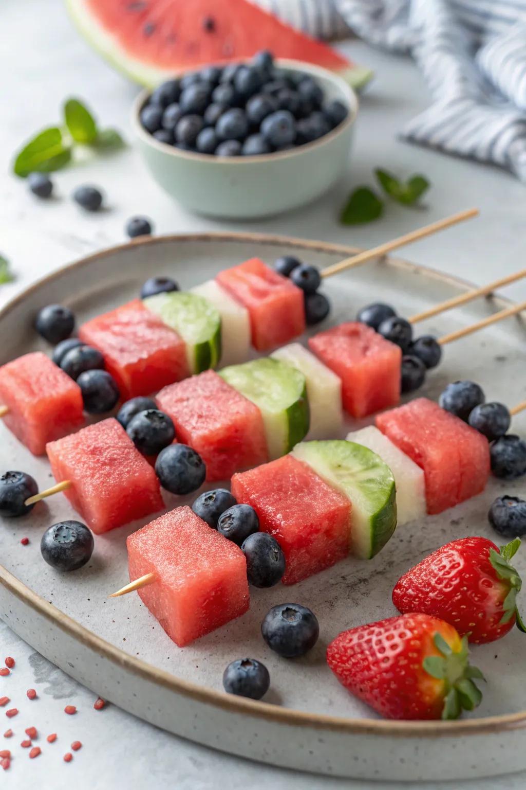 Stay cool with refreshing berry skewers presented in red, white, and blue.