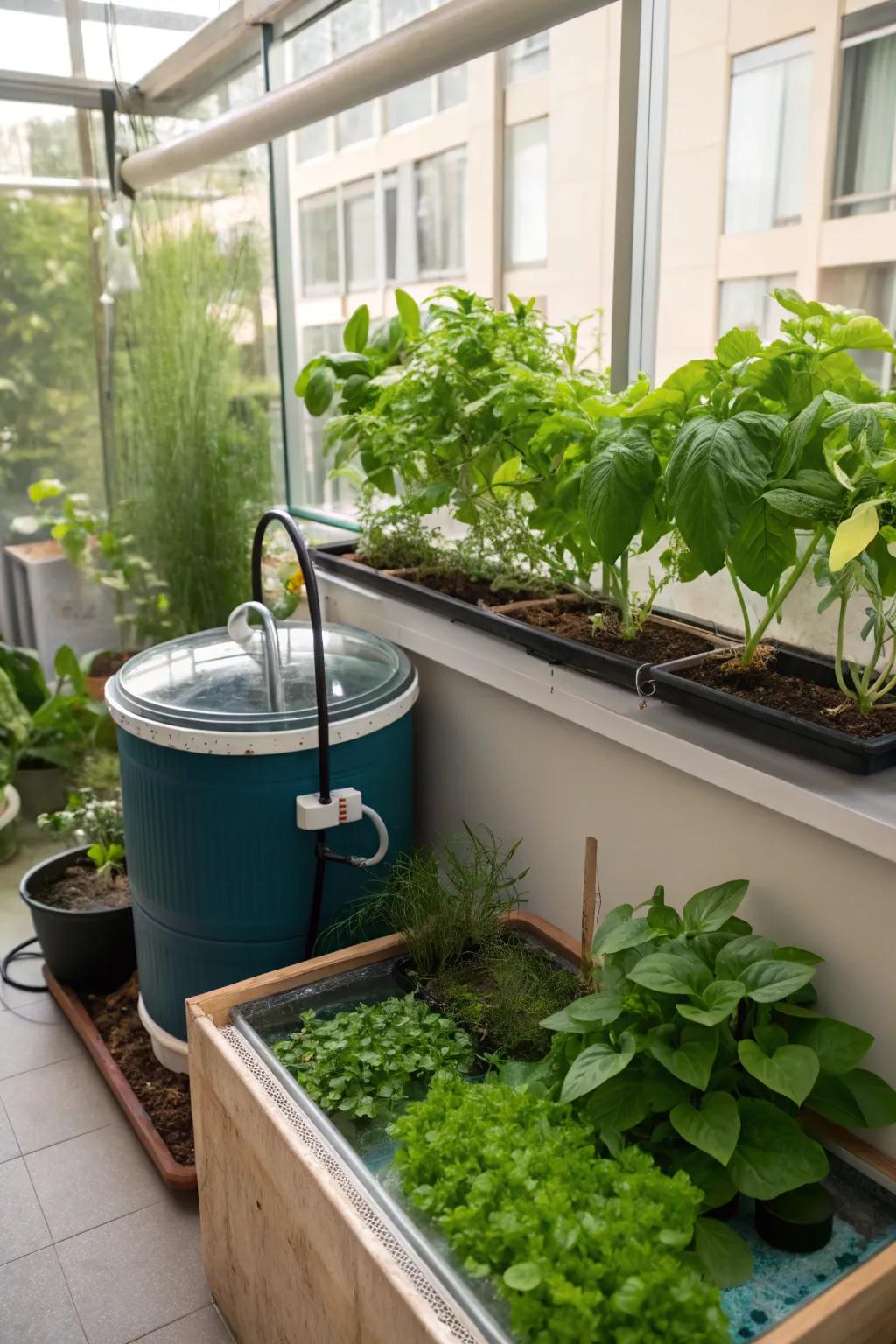 The integration of aquaponics presents water storage as an aspect of interior gardening.