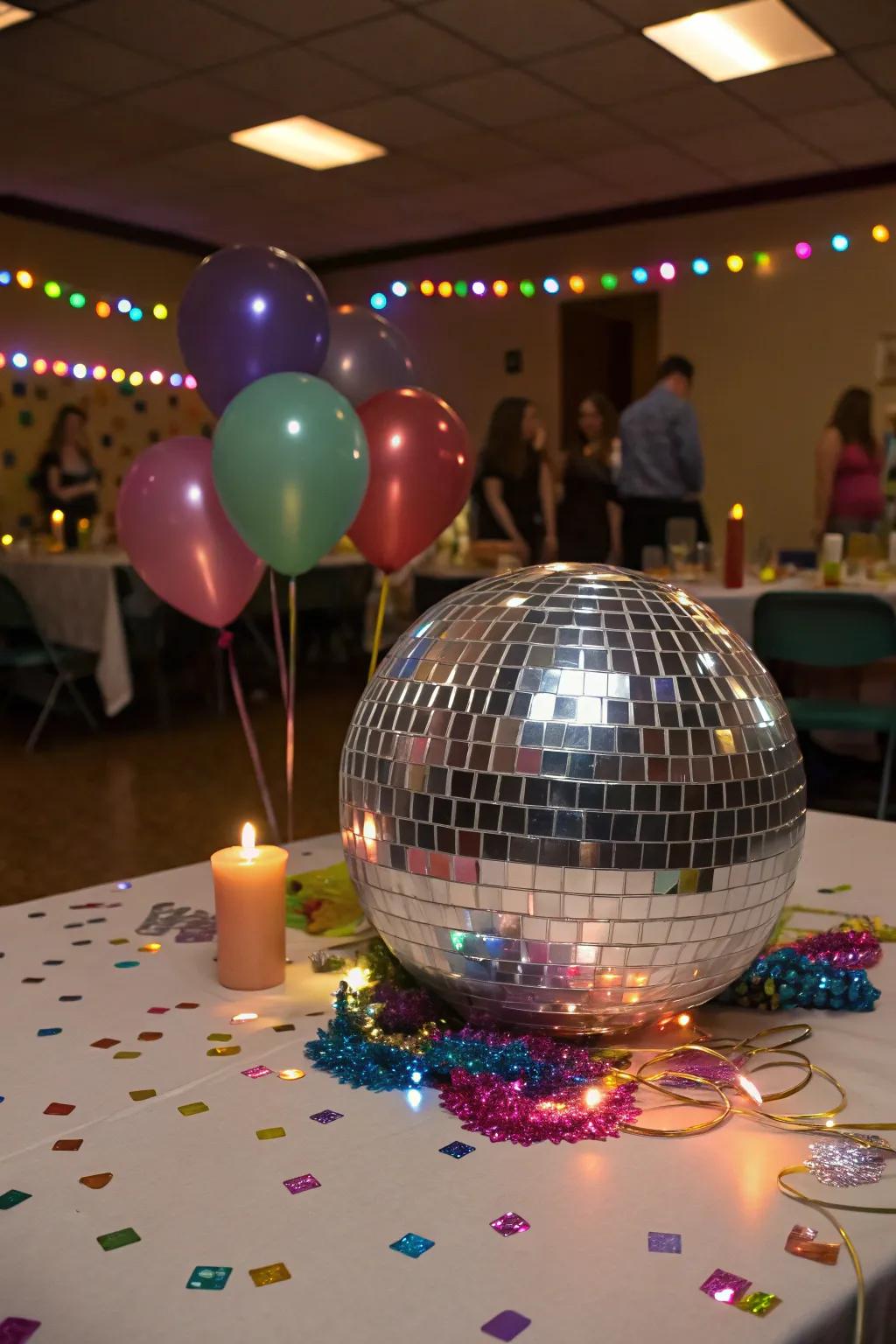 A disco ball centerpiece arranges the ambiance for fun and dancing.