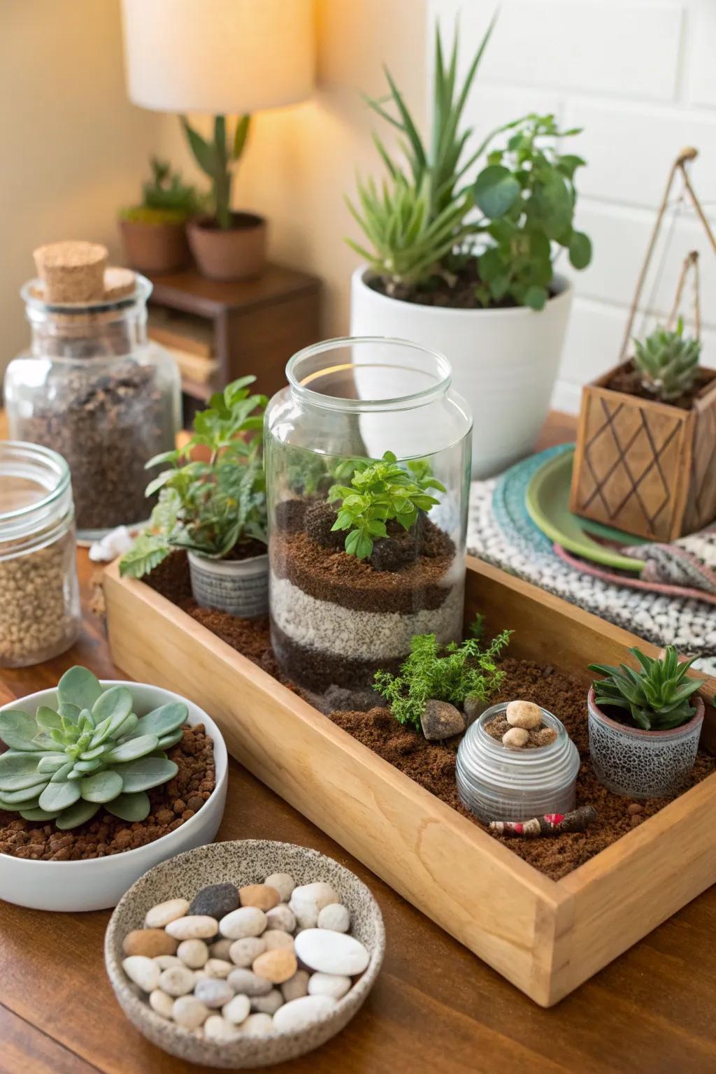Guests craft miniature gardens at the DIY terrarium station.
