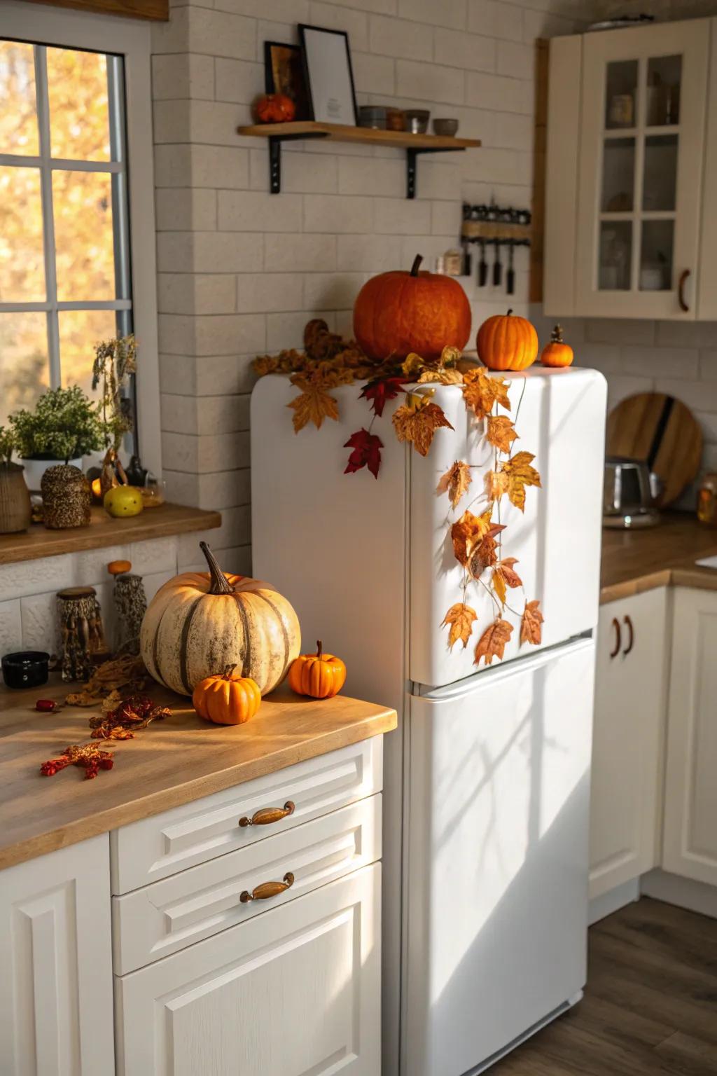 Reflect the seasons with creative ornaments above your fridge.