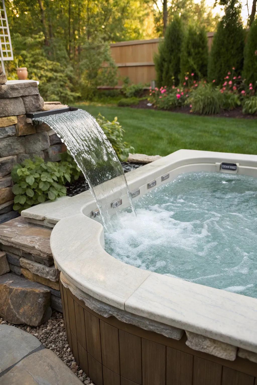 A cascade contributes a comforting melody and visual component to your hydro-therapy tub area.