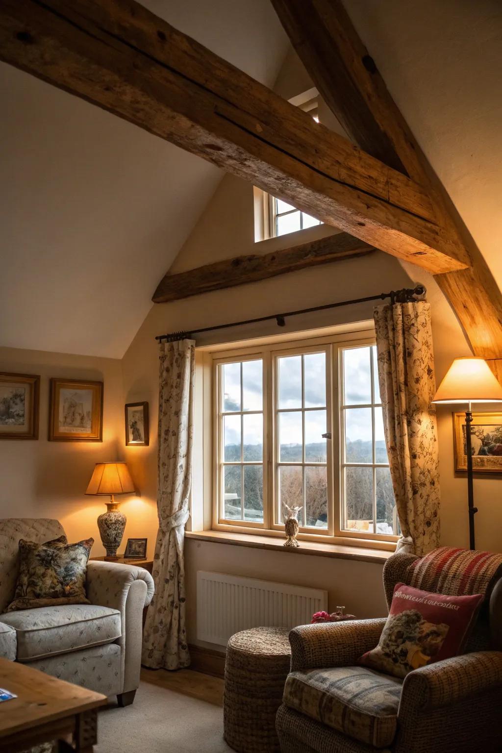Rustic beams add charm and warmth.