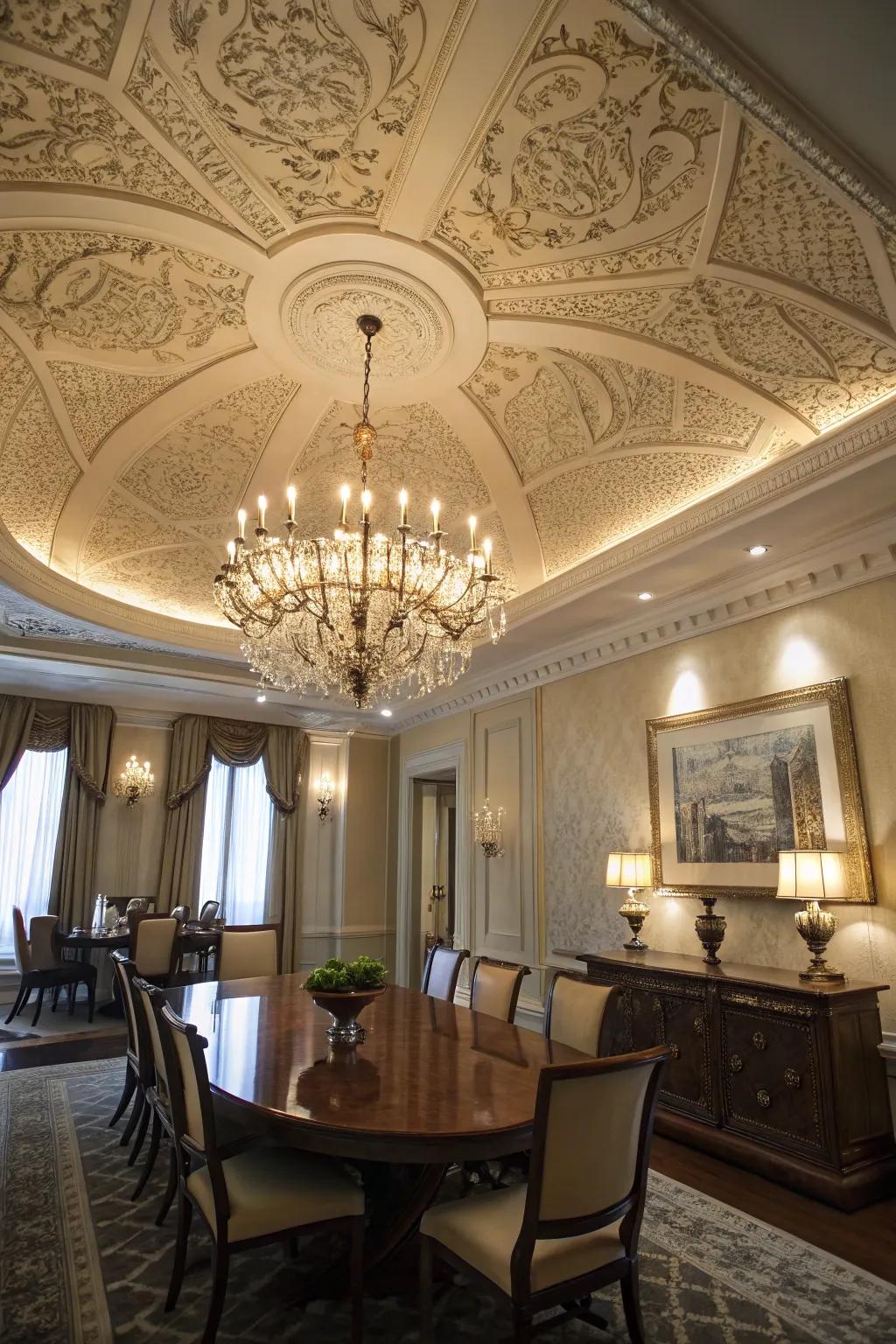 A droplight gracefully underscores the ceiling's intricate details.