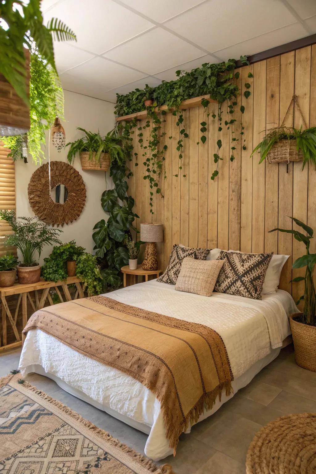 Organic elements on the feature wall enhance the space with serenity and tranquility.