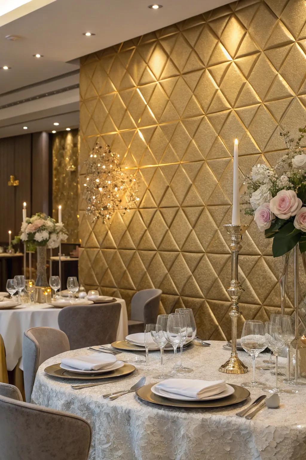 A luxurious dining area with a shimmering metallic feature wall.