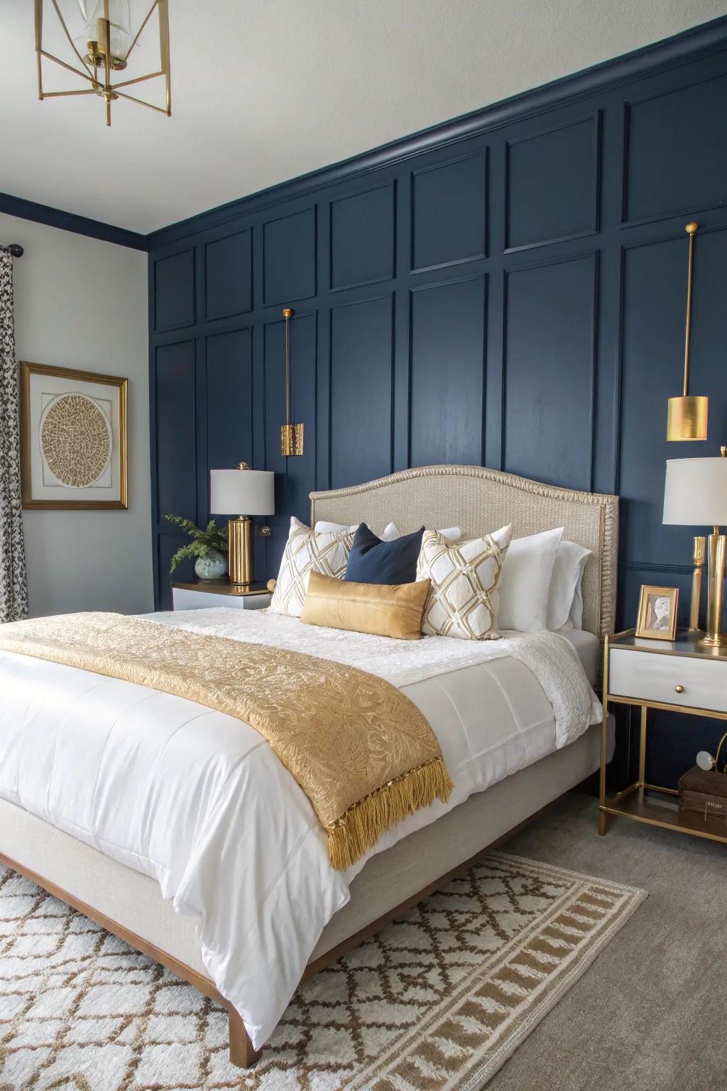 A bedroom featuring a navy blue accent wall, creating a serene atmosphere.