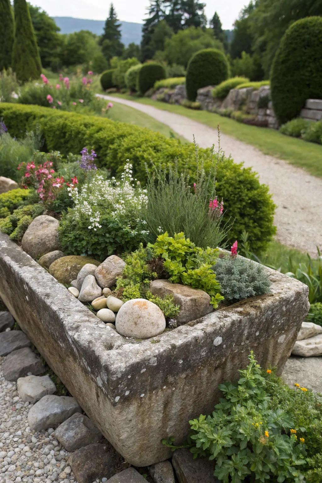 A miniature alpine landscape contained within a charming stone trough.