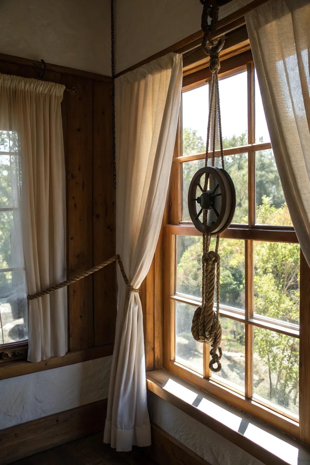 An inventive drape arrangement employing vintage pulleys.
