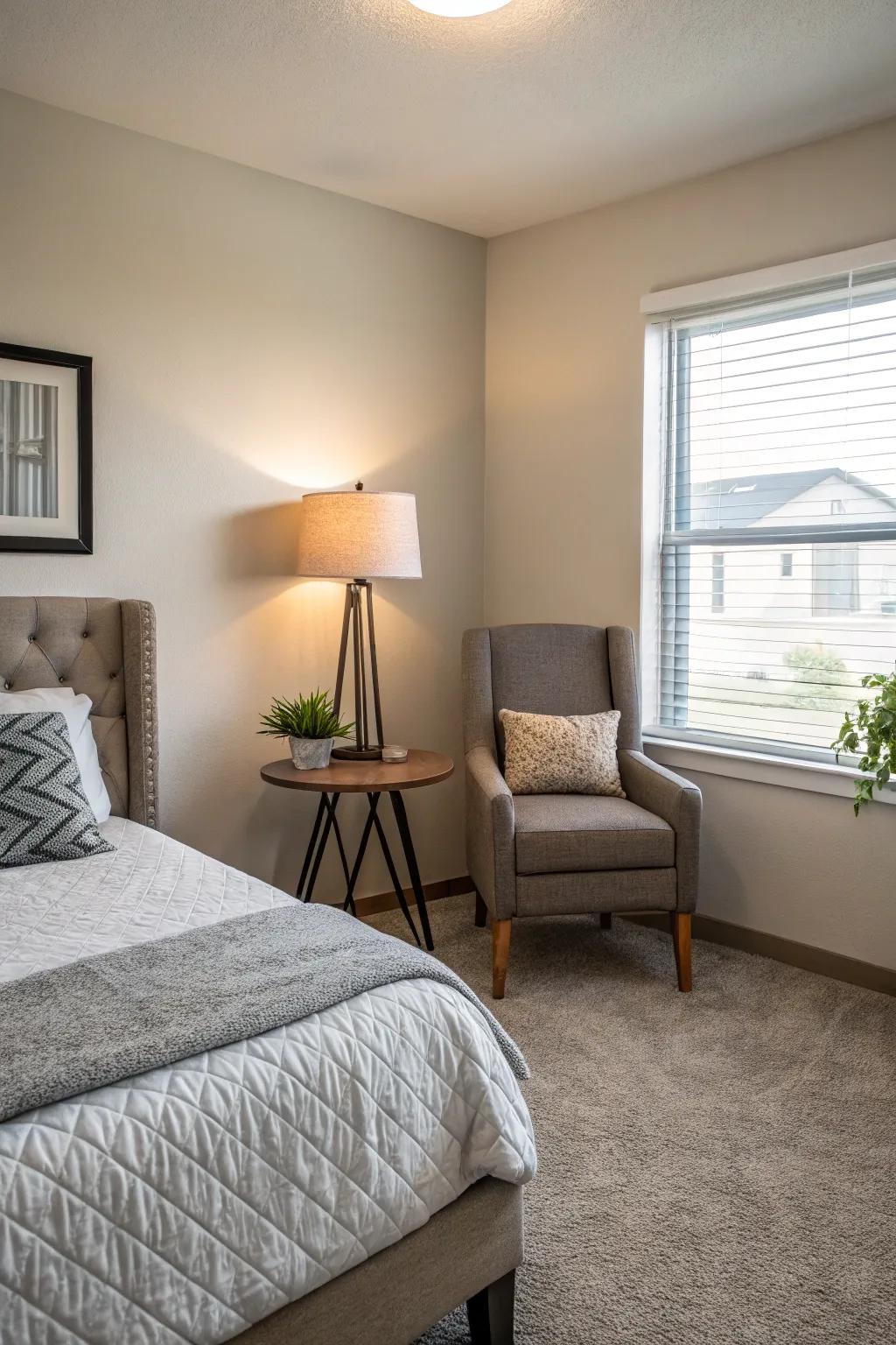 A bedroom in an apartment featuring charming focal point pieces such as a distinctive chair and side table.