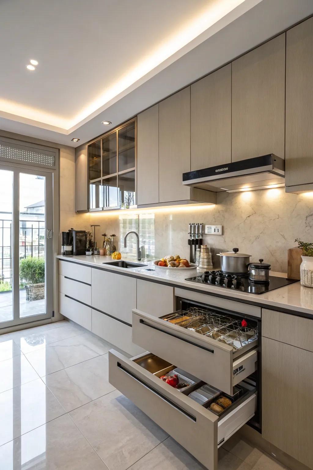 Countertop expansions allow for simple appliance access and storage, improving kitchen use.