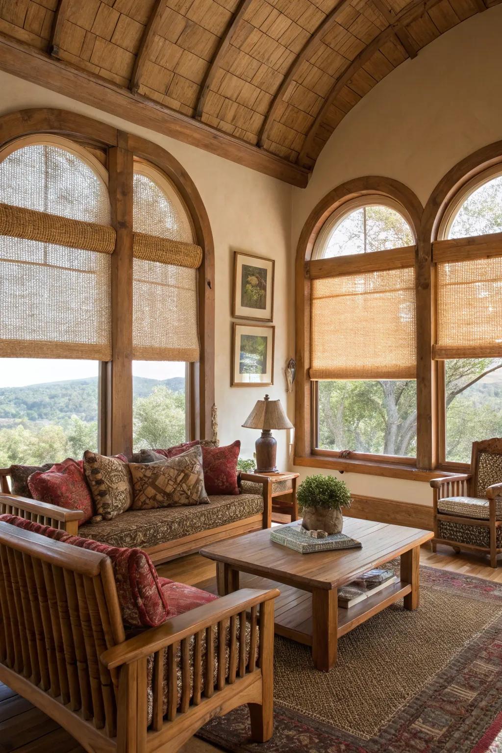 Rustic living area featuring textured shade solutions on arched windows.