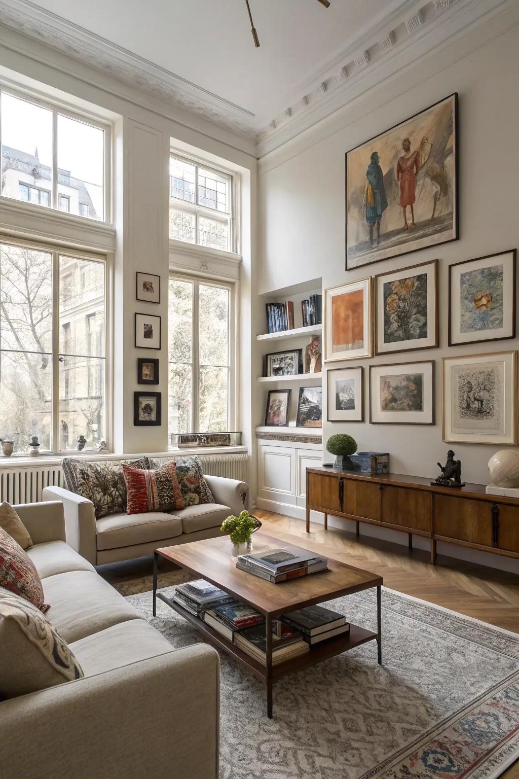 Art prints cohesively integrated into the decor of a living room, resulting in a unified visual impression.