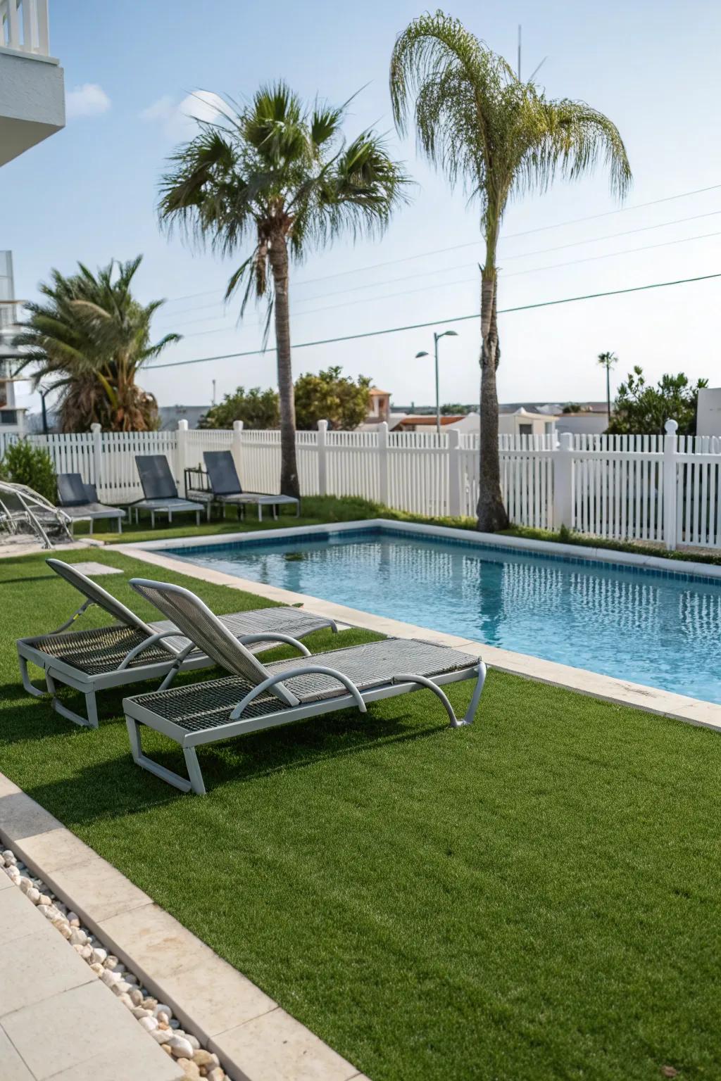 A spotless pool area using lively synthetic turf.
