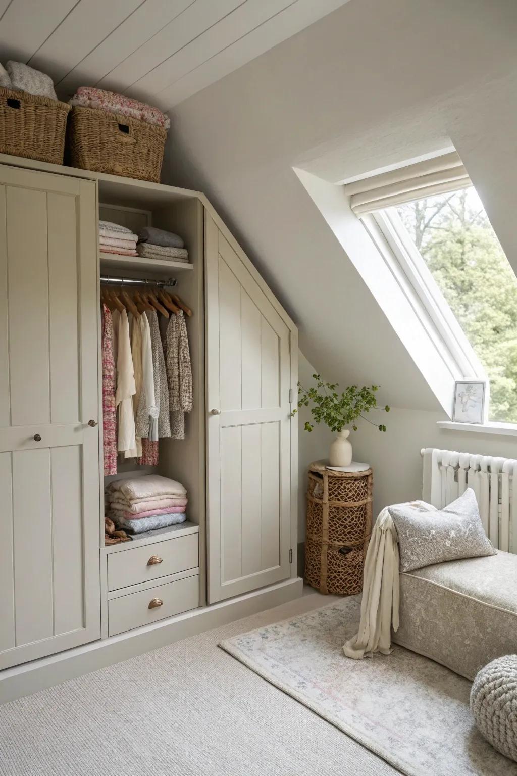 Light tones expand the visual space in an attic closet.