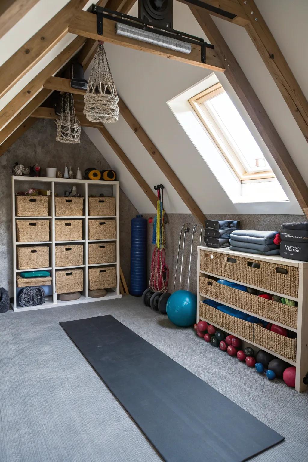 Creative application of attic angles to provide chic storage.