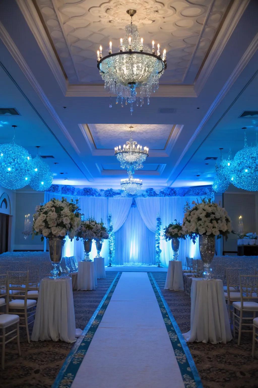 Soft blue lighting transforms your venue into a dreamy setting.