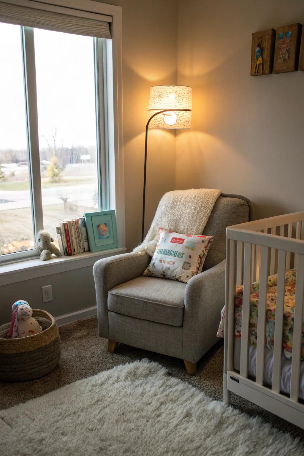A cozy reading spot can be a serene area for bonding and stories before bed.