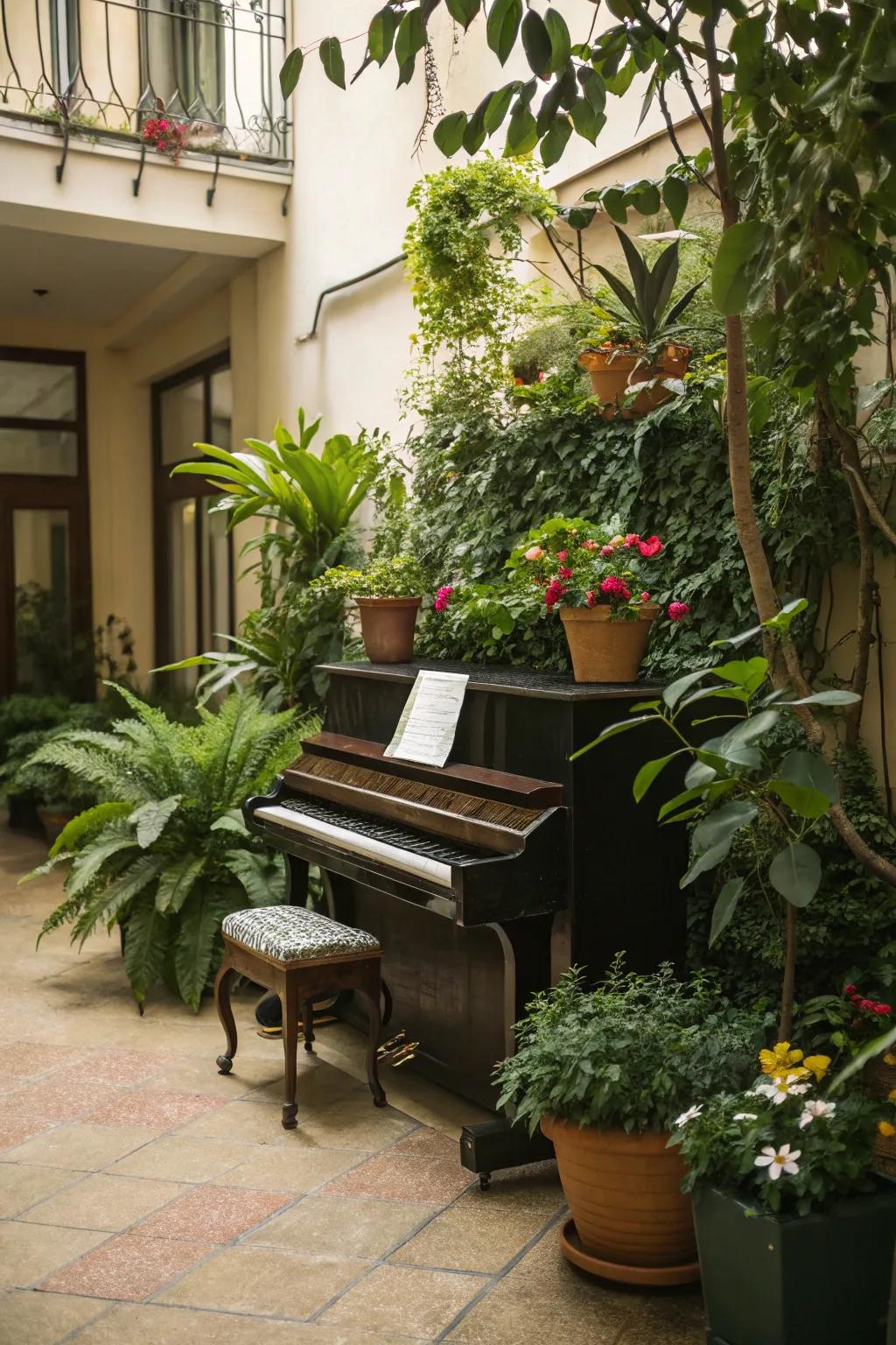 Foliage infuses an invigorating element into the piano's area.