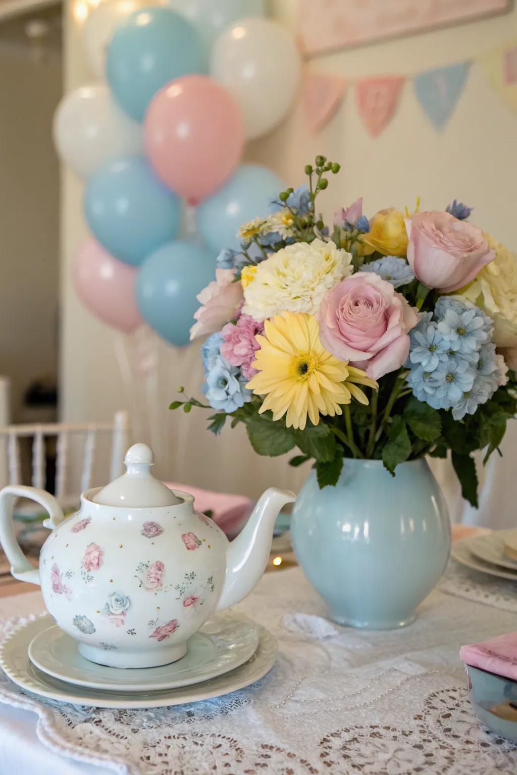 A whimsical antique teapot centerpiece