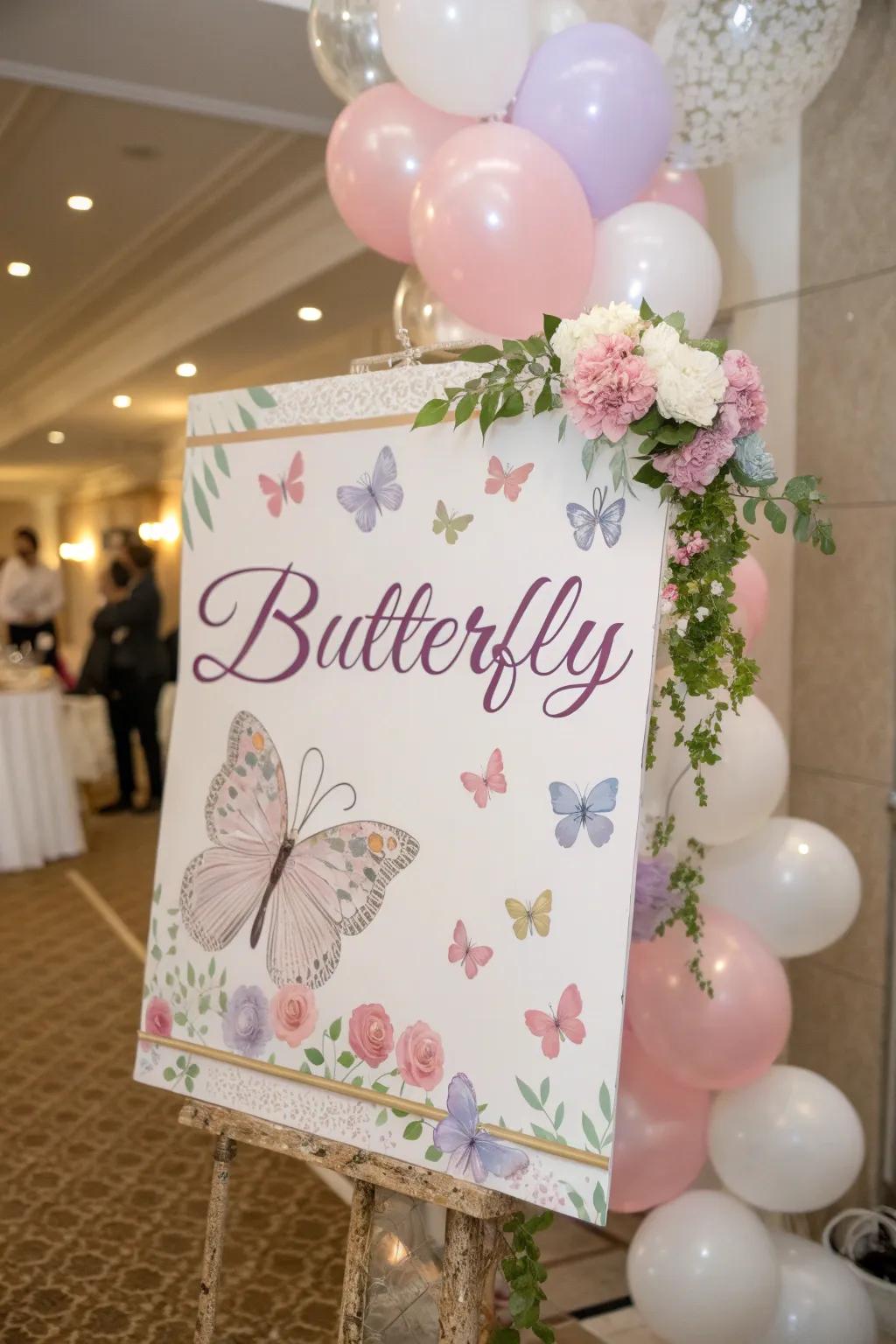 Sincere butterfly-themed signage adding a personal feel.