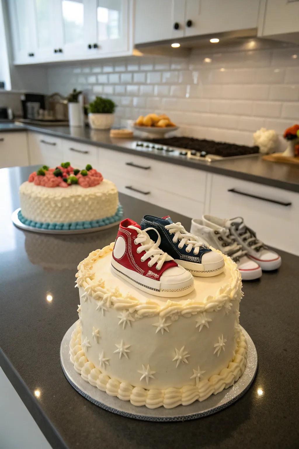 Sporty fondant tennis shoes include a special detail.