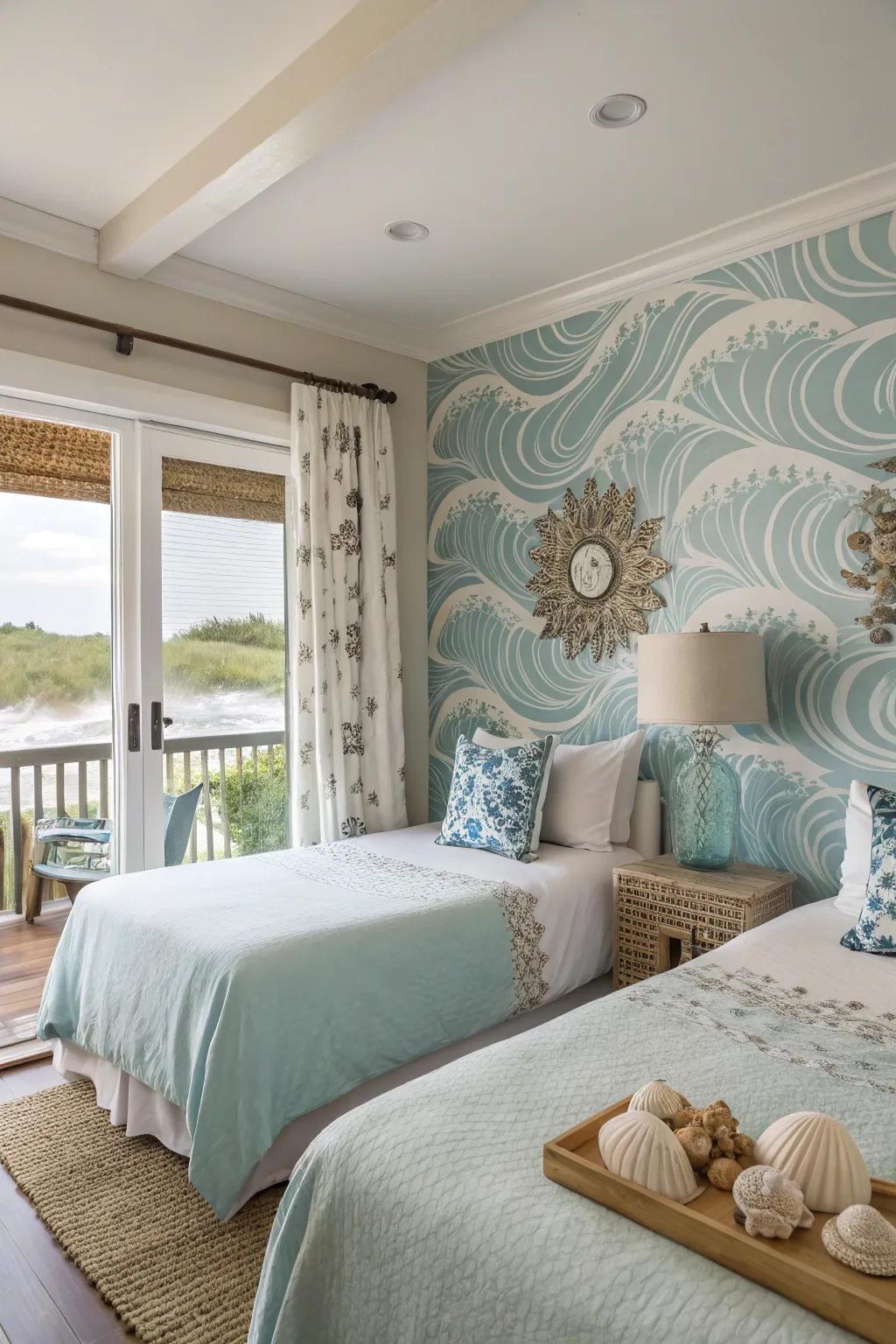 A guest room with a wave-patterned wall that captures the spirit of a seaside getaway.