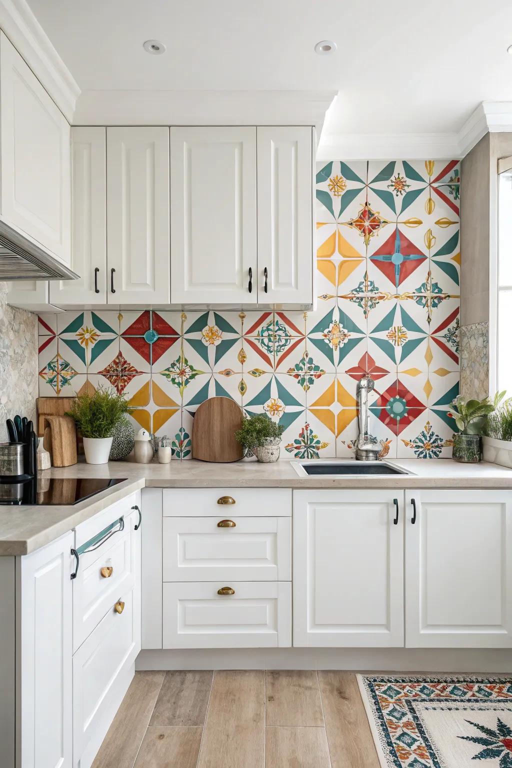 Shaped tiles add a modern touch to this elegant white kitchen.