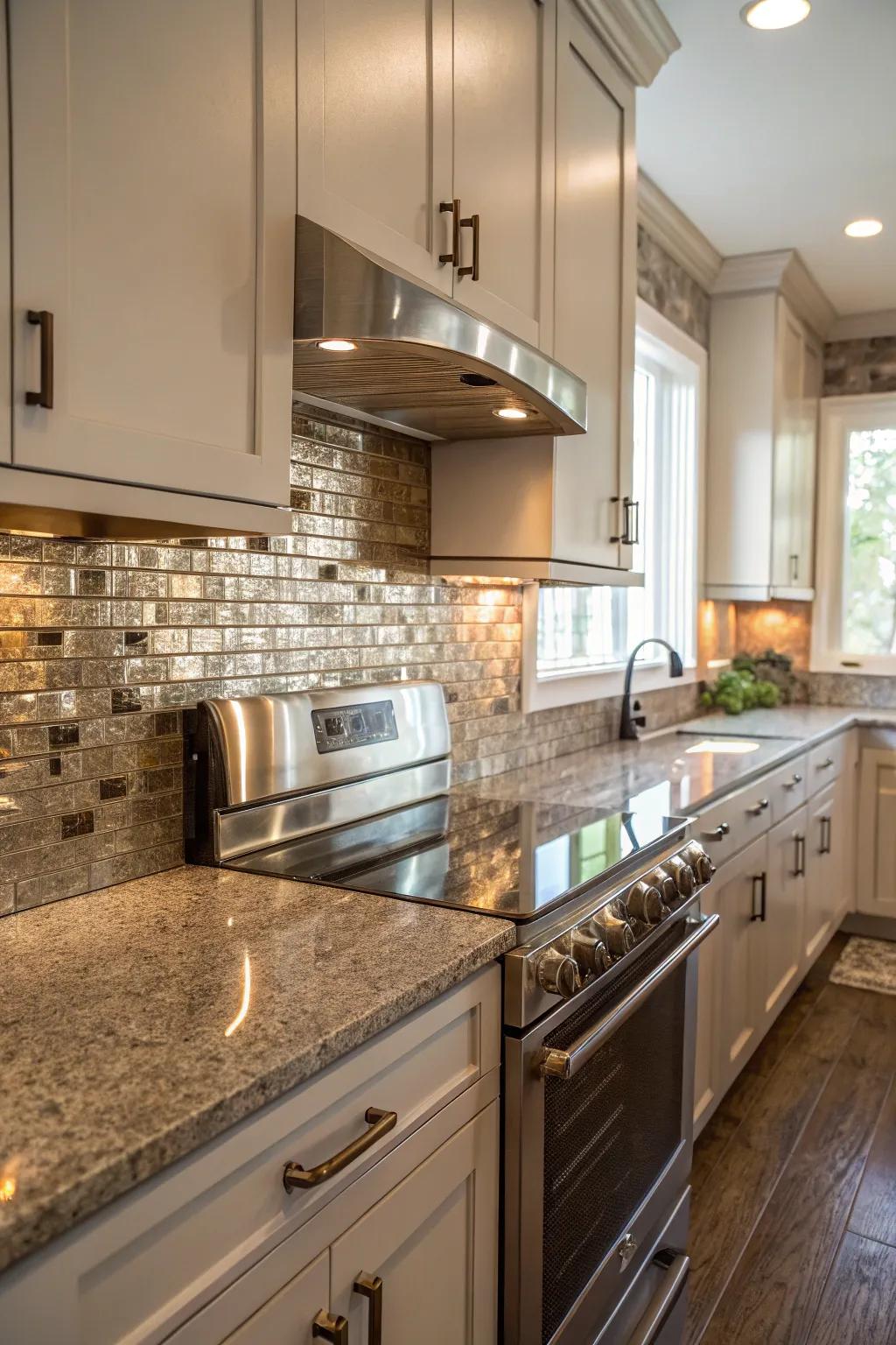 Metallic tiles give a luxurious quality to fantasy brown granite.