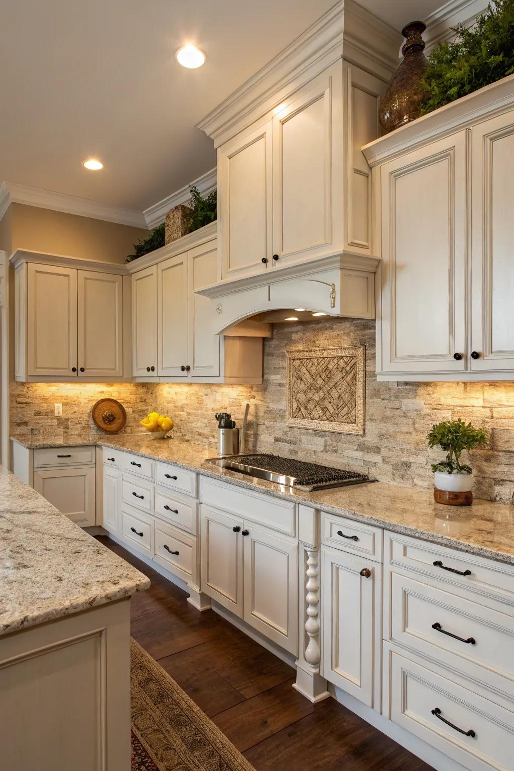 Natural rock tiles enhance the organic beauty of the kitchen area.