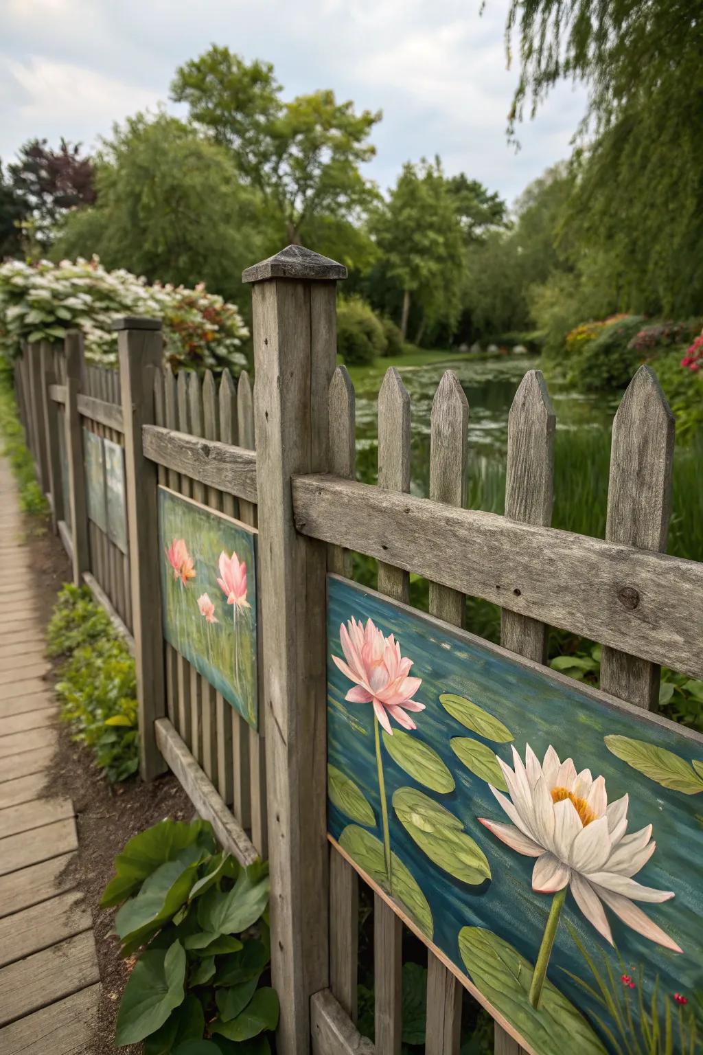 Water lilies painted on a fence evoke a feeling of calm and serenity.