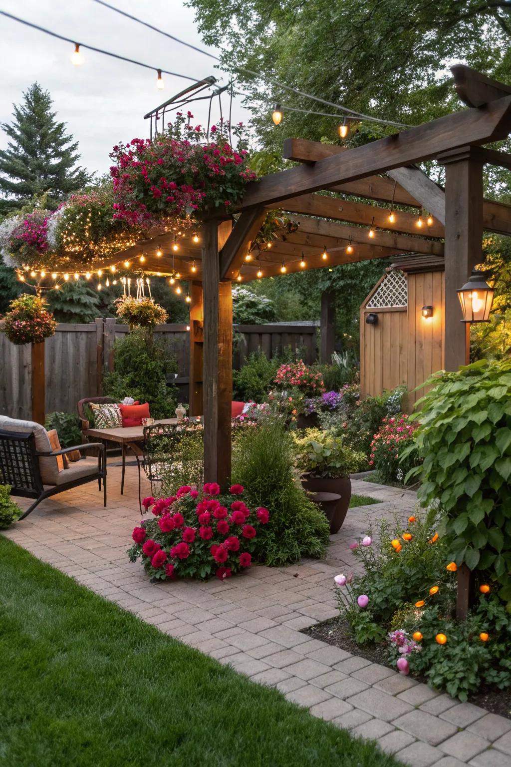 An overhead structure becomes a focal point with hanging decorations and lights.