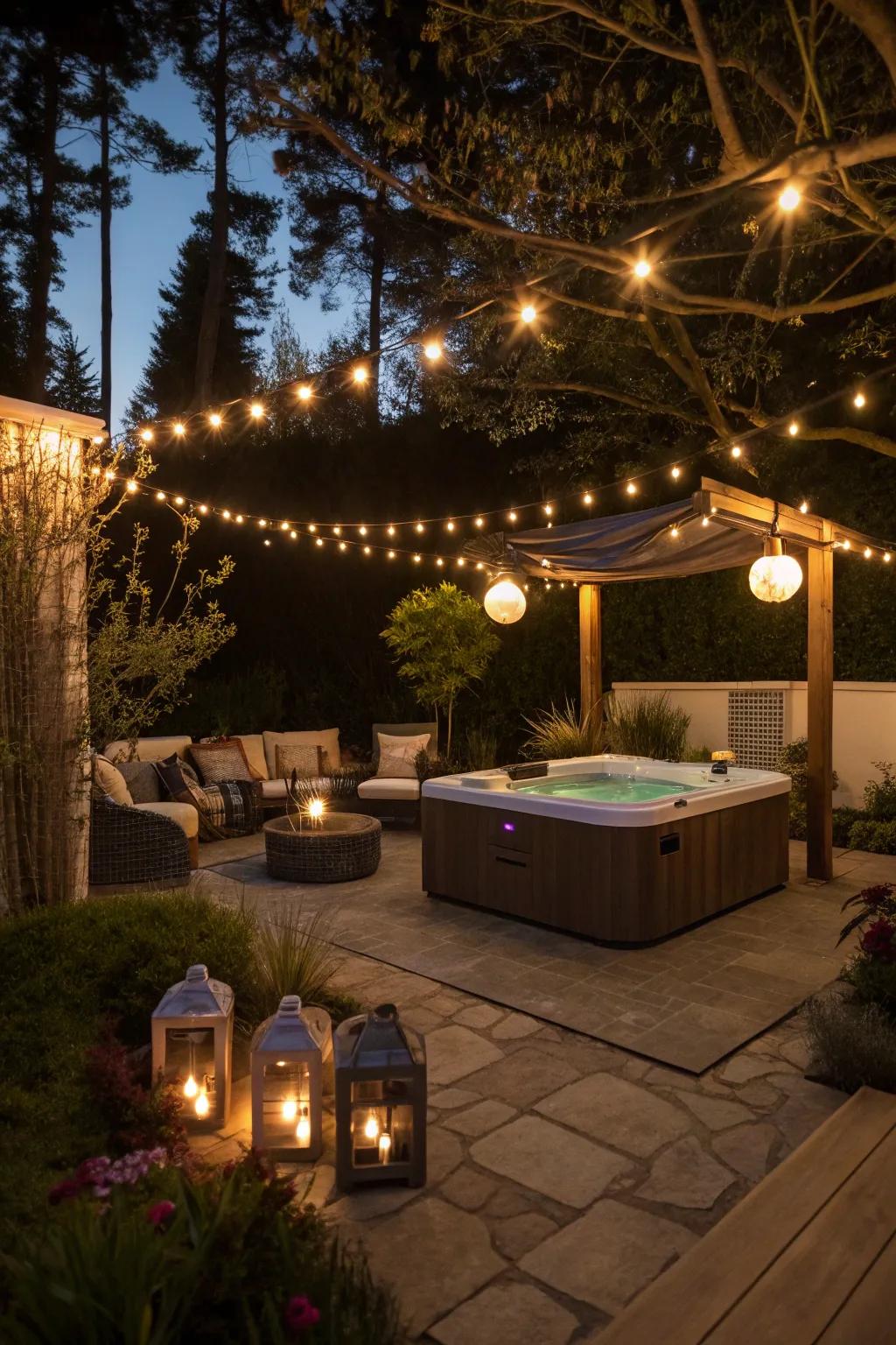 Soft lighting creates a magical hot tub atmosphere.