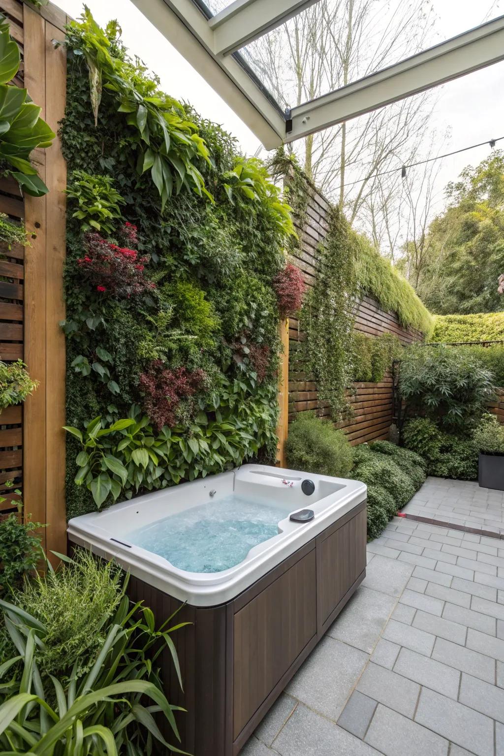 A hanging garden offers a lush, green privacy solution for your hot tub area.