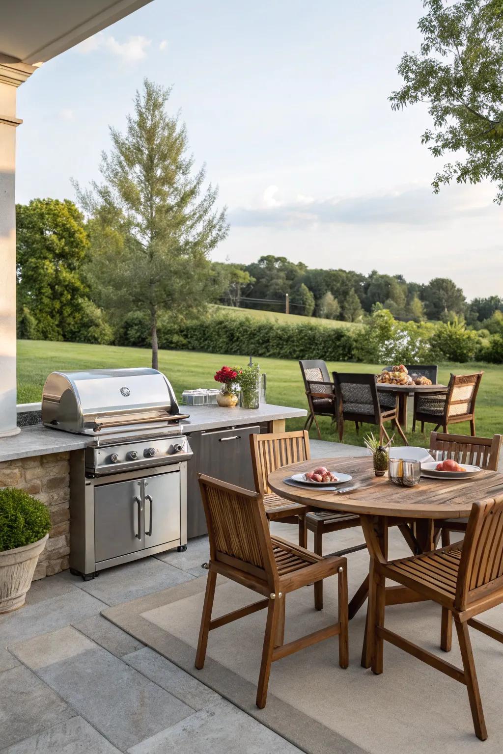 An outdoor kitchen transforms dining into an open-air experience.