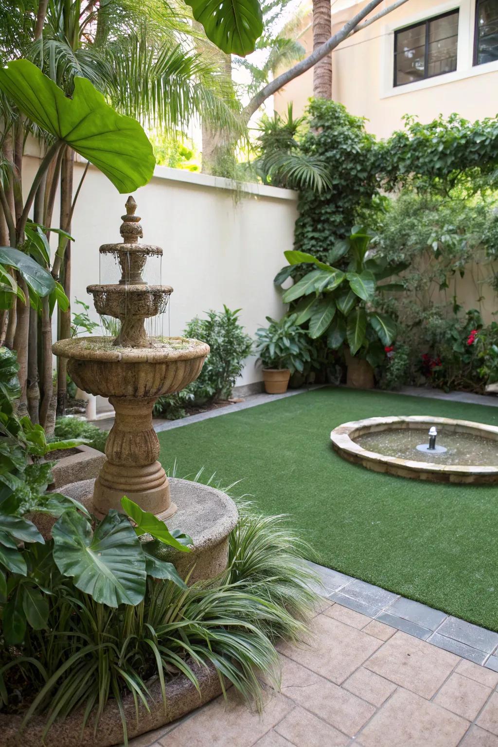 Fake turf delivers a lush, verdant carpet for your patio throughout the year.