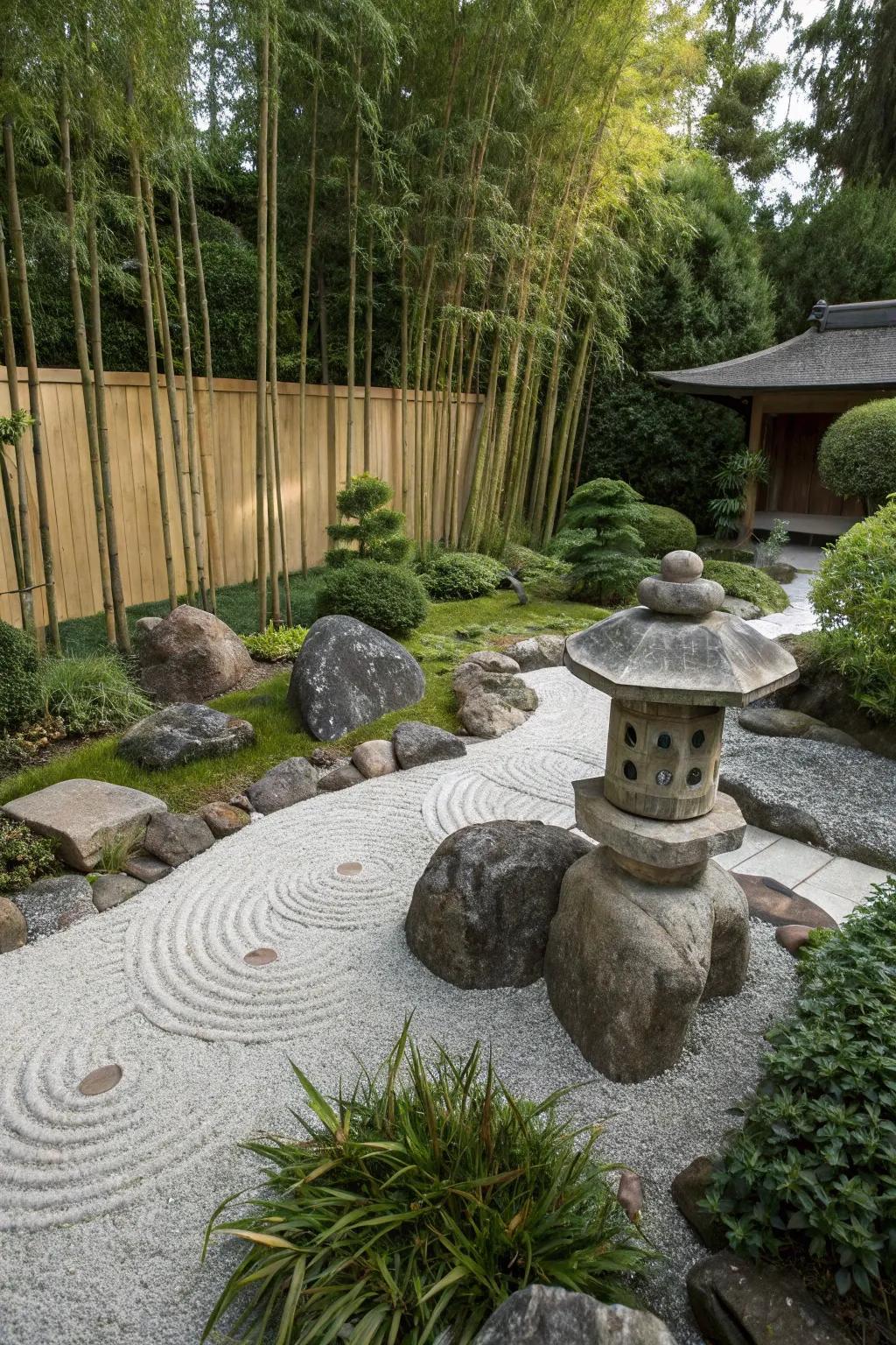 A Zen garden delivers a peaceful sanctuary.