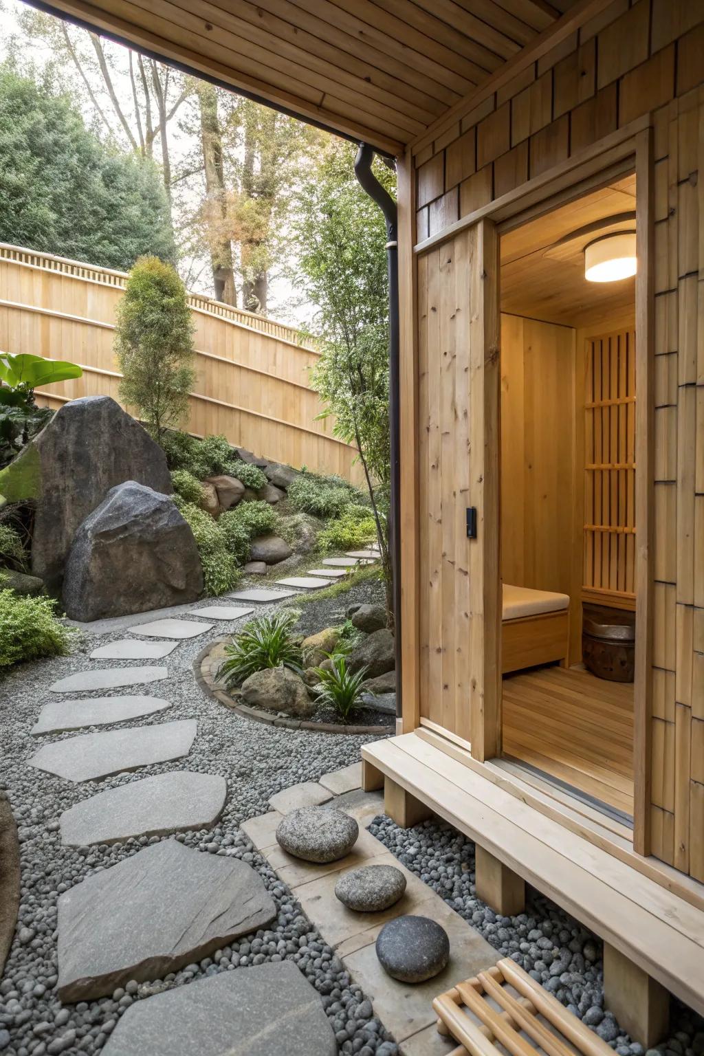 A contemplative rock garden sauna created for ultimate peace.