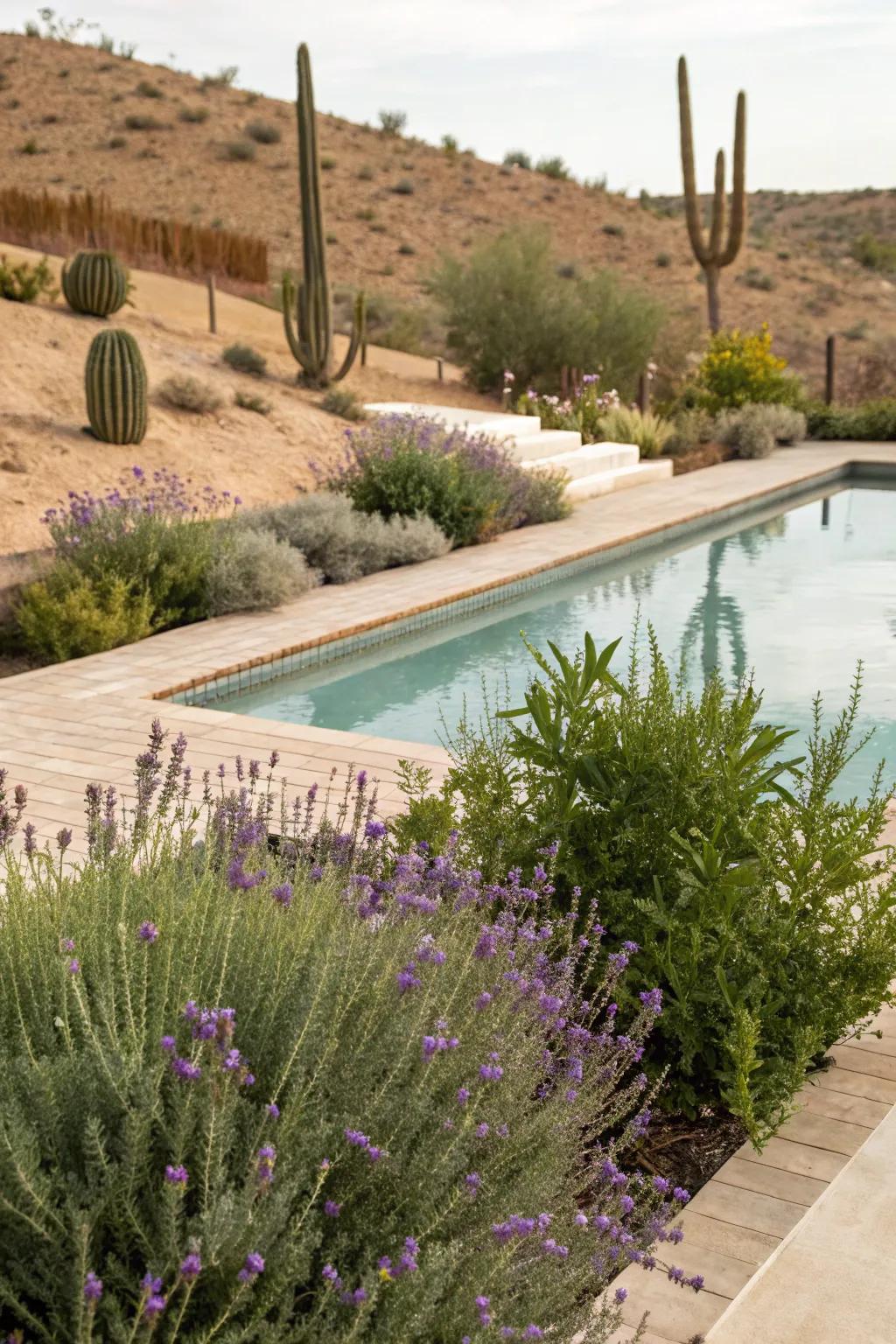 Desert-adapted flora beautifully merge nature into your pool space.