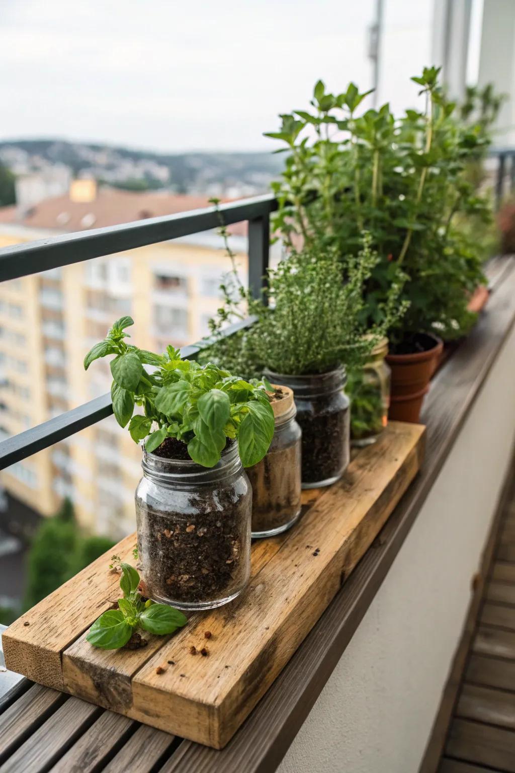 Preserving jars are ideal for an elegant, space-saving herb garden.