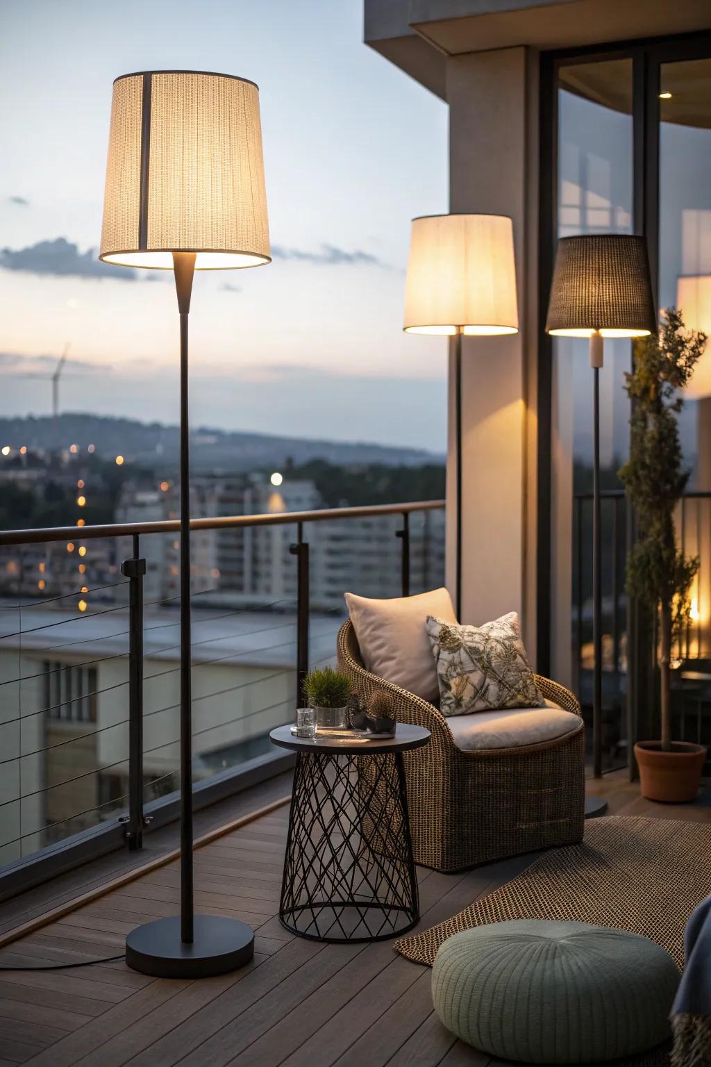 Upright lamps offer practical and elegant illumination for balcony spaces.