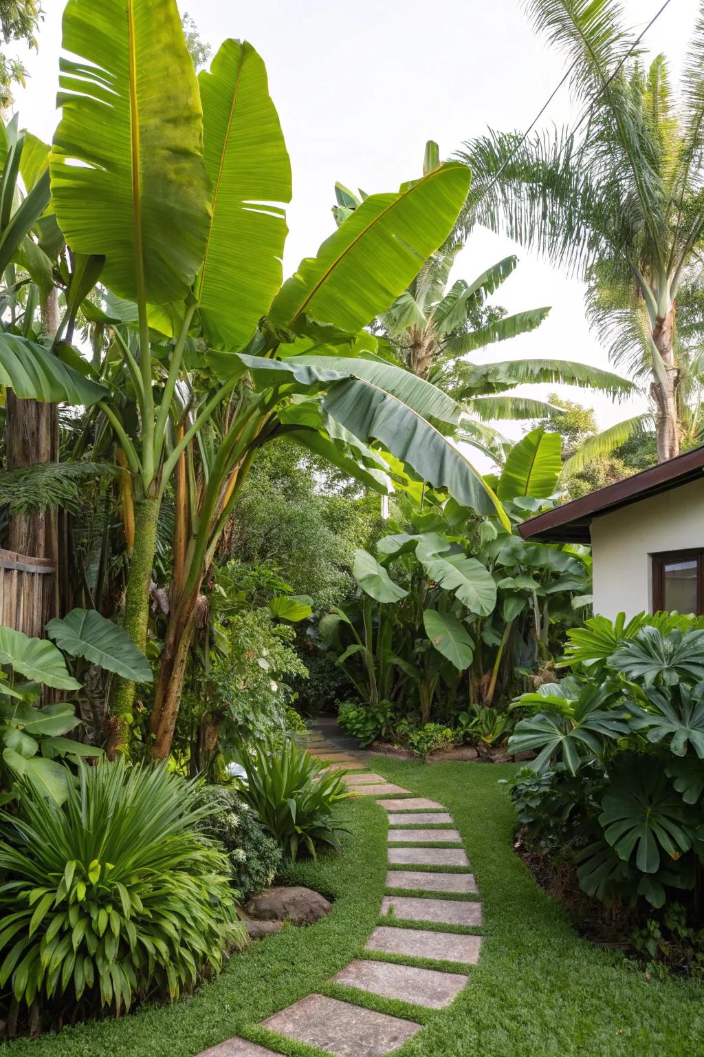 Evoke an exotic ambiance by surrounding banana trees with complementary foliage.