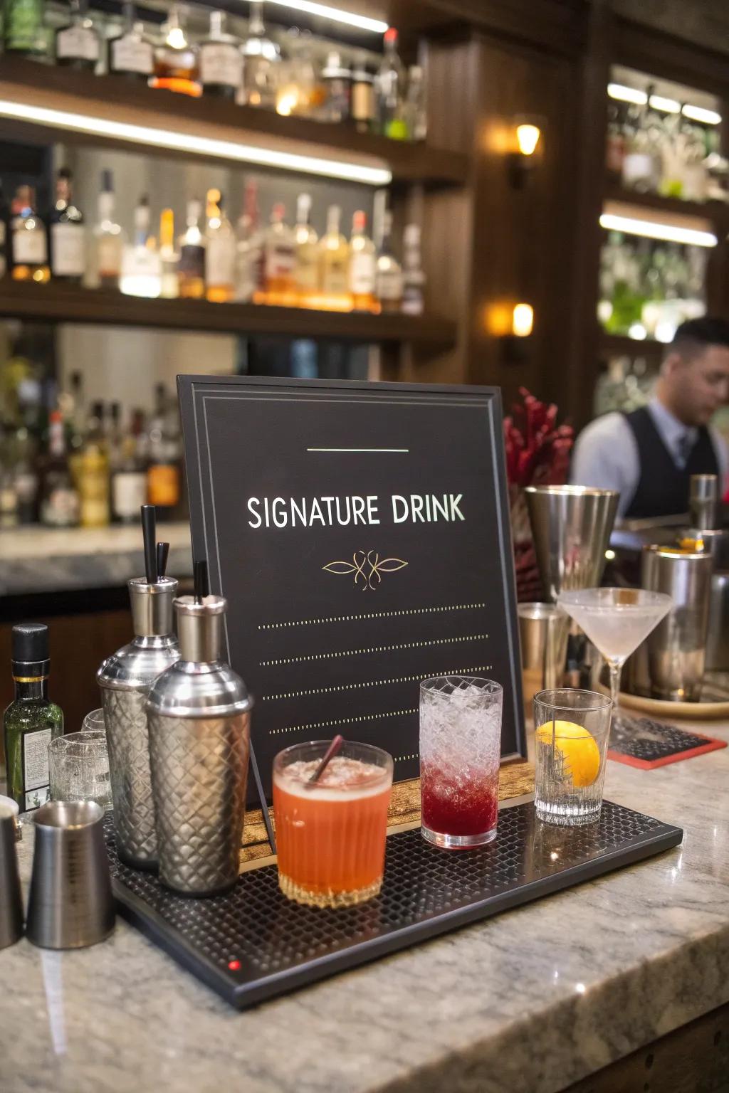 Cocktail recipe displays encourage guests to explore new beverages.