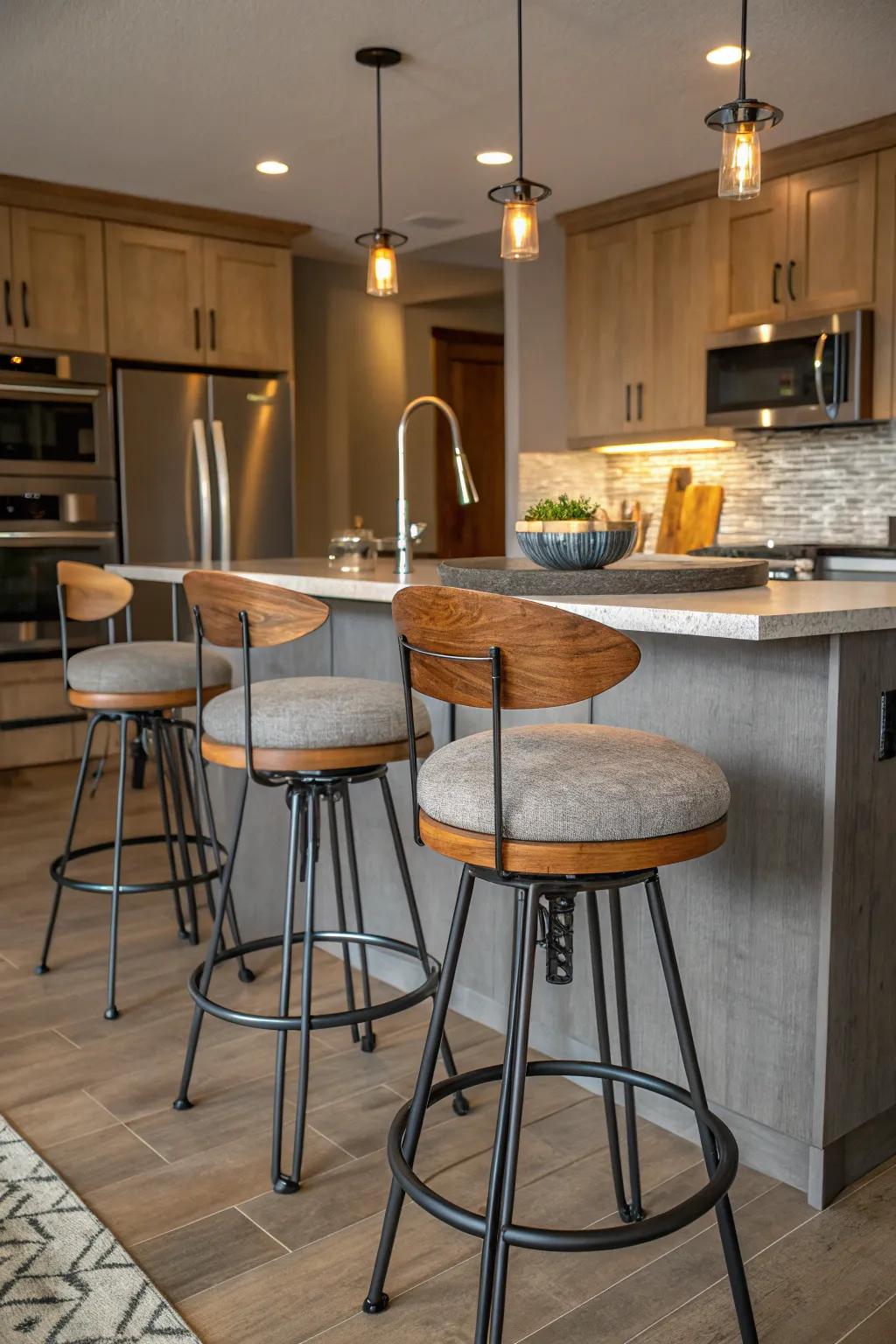 Bar stools made of diverse materials that adds an eclectic element.