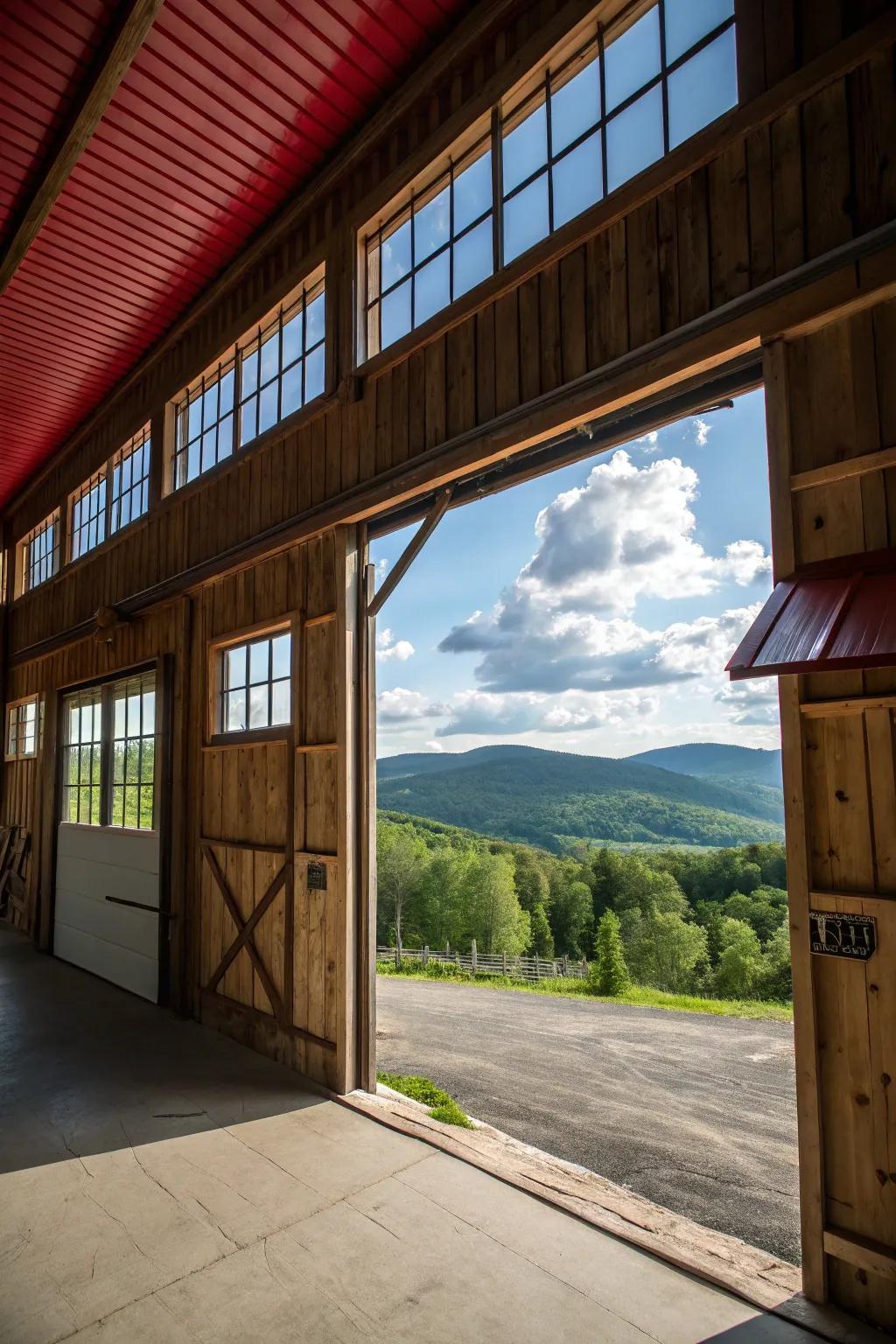 Expansive windows link the barn garage with the beauty of nature.
