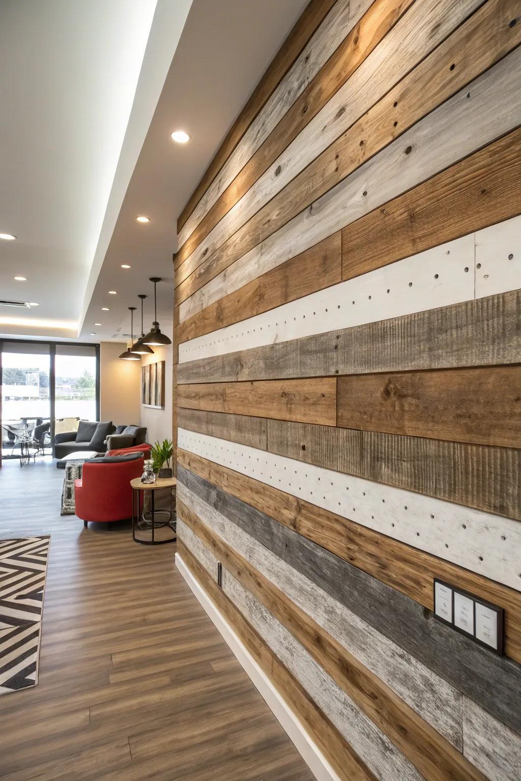 Wood plank patterned stripes introducing texture to a wall.