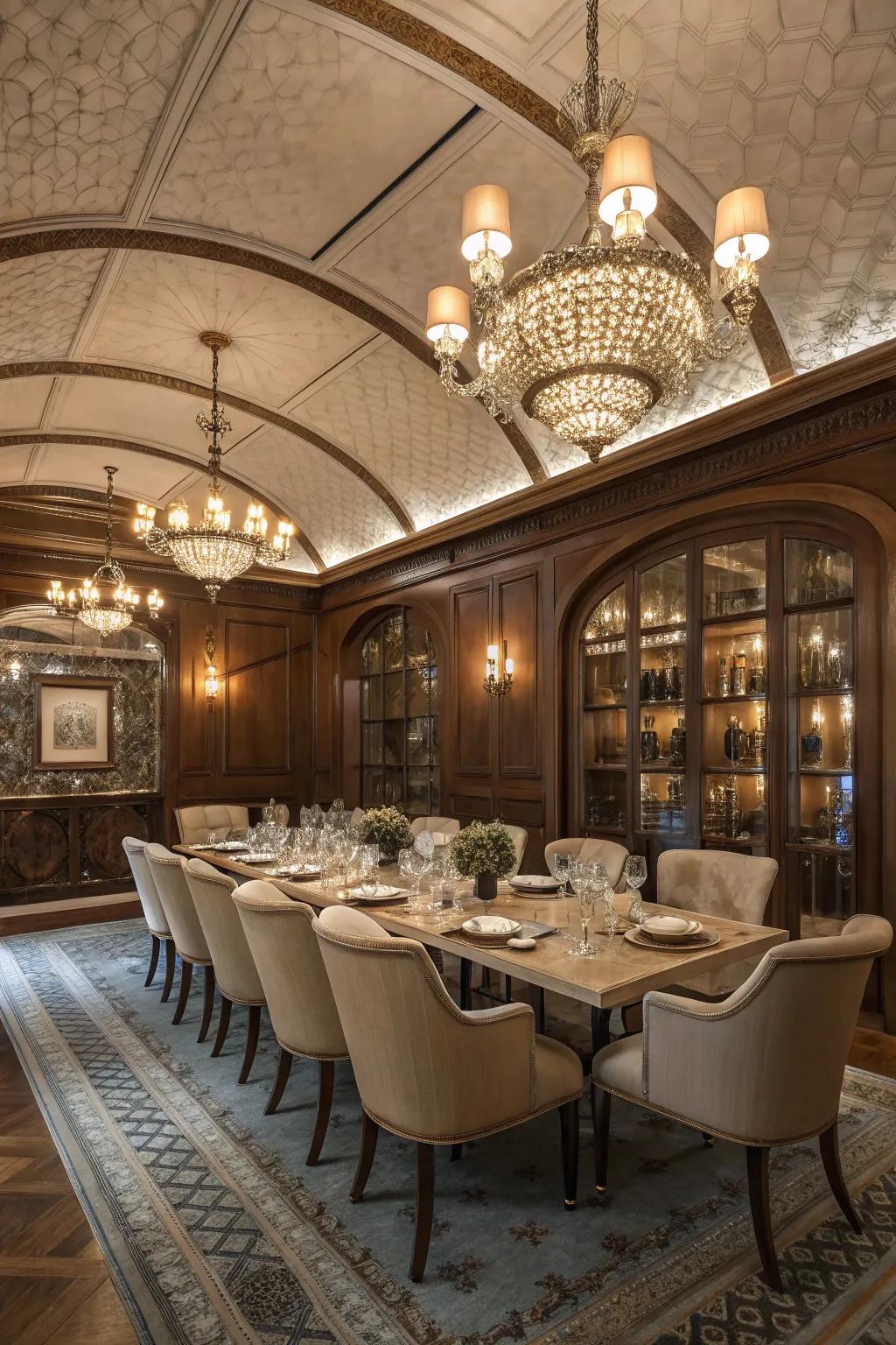 An exquisite dining space showcasing a refined arched ceiling.